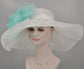 Wide Brim Sinamay Derby Hat: White with Turquoise Silk Flower
