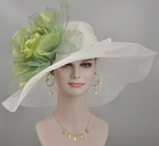 Wide Brim Sinamay Derby Hat: White with Green Silk Flower
