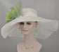 Wide Brim Sinamay Derby Hat: White with Green Silk Flower