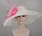 Wide Brim Sinamay Derby Hat: White with Hot Pink Feather Flower