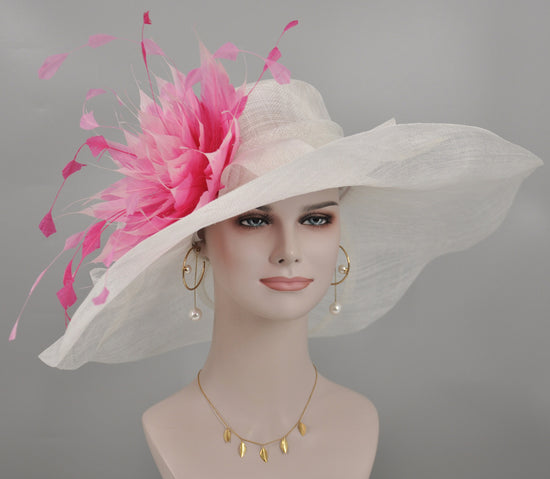 Wide Brim Sinamay Derby Hat: White with Hot Pink Feather Flower