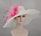 Wide Brim Sinamay Derby Hat: White with Hot Pink Feather Flower