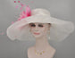 Wide Brim Sinamay Derby Hat: White with Hot Pink Feather Flower