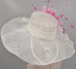 Wide Brim Sinamay Derby Hat: White with Hot Pink Feather Flower
