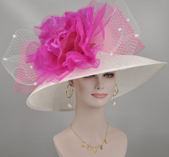 Kentucky Derby Hat: White Sinamay Wide Brim with Fuchsia Silk Flower