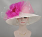 Kentucky Derby Hat: White Sinamay Wide Brim with Fuchsia Silk Flower
