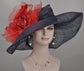Navy Blue Wide Brim Sinamay Hat with Multi Color Silk Flower Option For Kentucky Derby, Ascot, Tea Party Hat, Wedding Guest Hat,Church