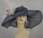 Navy Blue Wide Brim Sinamay Hat with Multi Color Silk Flower Option For Kentucky Derby, Ascot, Tea Party Hat, Wedding Guest Hat,Church