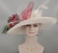 Wide Brim Sinamay Kentucky Derby Hat: Ivory, Burgundy Feather Flowers