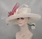 Wide Brim Sinamay Kentucky Derby Hat: Ivory, Burgundy Feather Flowers