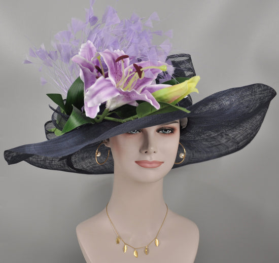 Navy Blue w Violet Purple Lily Flower + More Colors Options Feather Flower Wide Brim Sinamay Hat Kentucky Derby Hat, Church  Wedding Easter