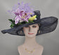 Navy Blue w Violet Purple Lily Flower + More Colors Options Feather Flower Wide Brim Sinamay Hat Kentucky Derby Hat, Church  Wedding Easter
