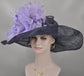 Wide Brim Sinamay Derby Hat: Navy Blue Feather & Silk Flower