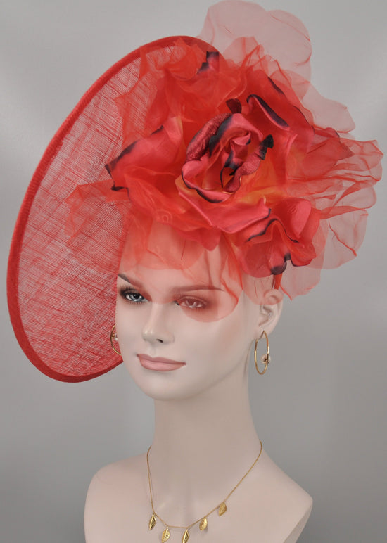 Red Sinamay Kentucky Derby Hat: Silk Flower Upturned Brim (16.14" Diameter)