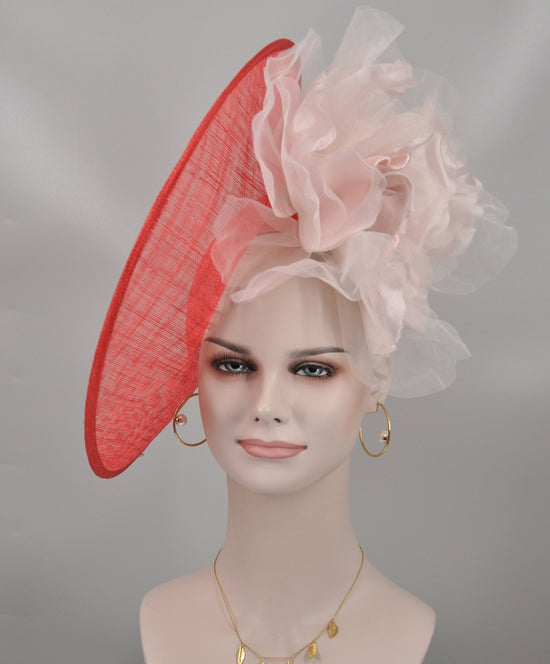 Red Sinamay Derby Hat: Blush Pink Silk Flower, Upturned Brim (16.14" Diameter)