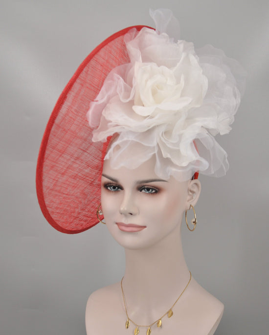 Red Sinamay Kentucky Derby Hat: White Silk Flower Fascinator (16.14" Diameter)