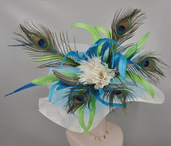 White Sinamay Kentucky Derby Hat, Teal Blue Feather Flower