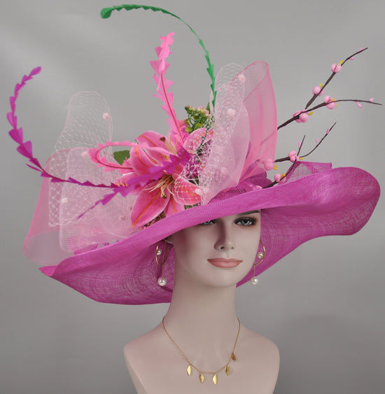 Fuchsia Sinamay Kentucky Derby Hat: Hot Pink Floral Tea Party Hat