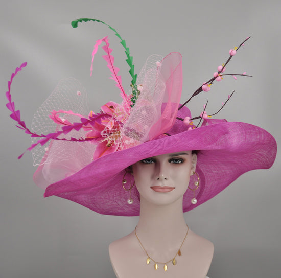 Fuchsia Sinamay Derby Hat: Hot Pink Floral Tea Party Hat