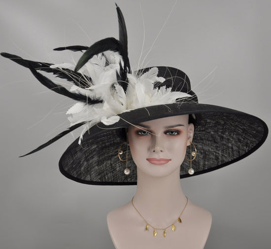 Church Derby Hat Carriage Tea Party Wedding Wide Brim  Royal Sinamay Hat Black