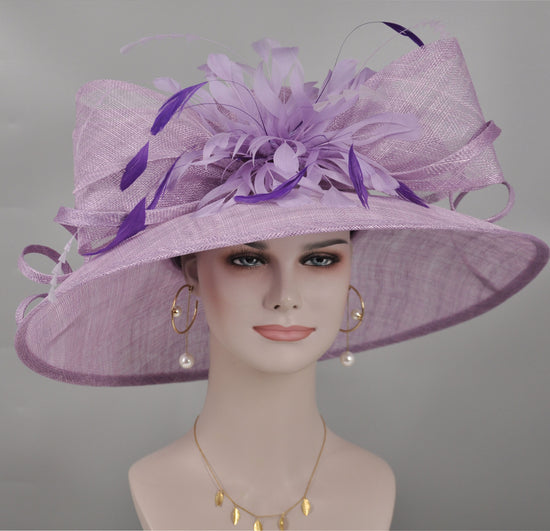 Wide Brim Sinamay Derby Hat: Feather Flower Wedding Tea Party