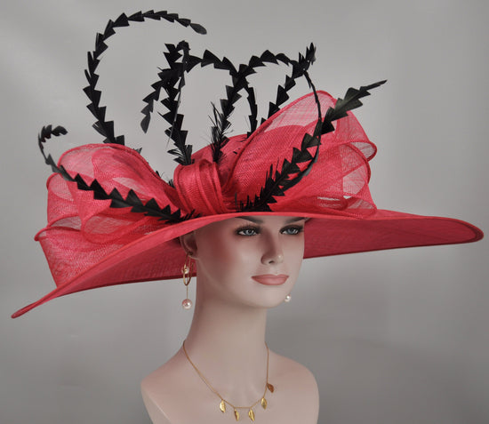 Red Sinamay Kentucky Derby Hat: Feather Ascot Race Day Hat