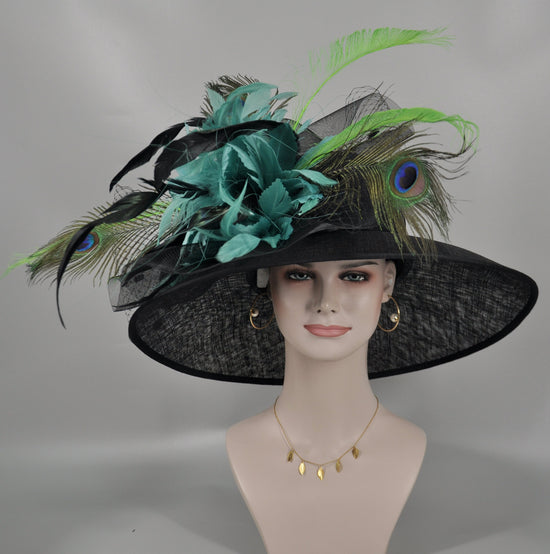Wide Brim Kentucky Derby Hat, Ascot Hat for Wedding & Tea Party, Garden Party Hat, Mother of the Bride, Church Black Turquoise Green
