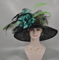 Black Sinamay Derby Hat: Turquoise Feather Flower & Peacock Feathers