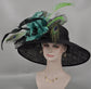 Black Sinamay Derby Hat: Turquoise Feather Flower & Peacock Feathers