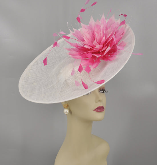 White Sinamay Saucer Hat: Pink Feather Flower Kentucky Derby Fascinator