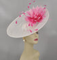 White Sinamay Saucer Hat: Pink Feather Flower Kentucky Derby Fascinator