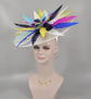 White w Colorful Feather Flower Sinamay Disc Fascinator Hat