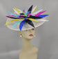 White w Colorful Feather Flower Sinamay Disc Fascinator Hat