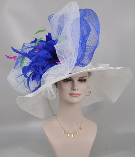 White Sinamay Kentucky Derby Hat: Royal Blue Bow, Feather Flowers