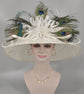 Wide Brim Kentucky Derby Hat, Ascot Hat for Wedding & Tea Party, Garden Party Hat, Mother of the Bride, Church Off White Peacock Feathers