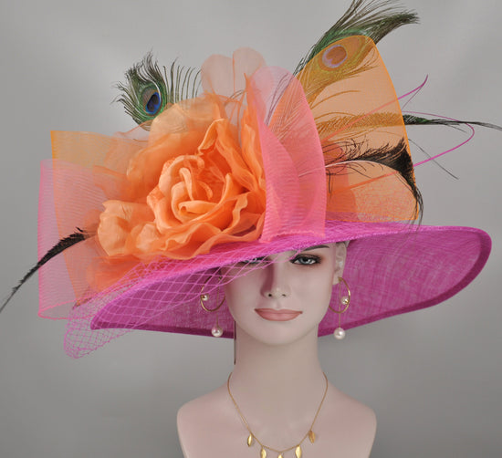 Wide Brim Sinamay Derby Hat: Silk Flower, Peacock & Pheasant Feathers