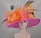 Wide Brim Sinamay Derby Hat: Silk Flower, Peacock & Pheasant Feathers
