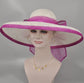 Sinamay Derby Hat: White & Hot Pink Feather Bow, Wide Brim