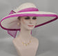 Sinamay Derby Hat: White & Hot Pink Feather Bow, Wide Brim