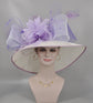 Wide Brim Sinamay Derby Hat: White & Lavender Feathered Church Hat