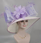 Wide Brim Sinamay Derby Hat: White & Lavender Feathered Church Hat