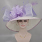 Wide Brim Sinamay Derby Hat: White & Lavender Feathered Church Hat