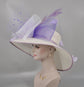 Wide Brim Sinamay Derby Hat: White & Lavender Feathered Church Hat