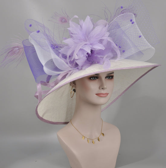 Wide Brim Sinamay Derby Hat: White & Lavender Feathered Church Hat