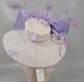 Wide Brim Sinamay Derby Hat: White & Lavender Feathered Church Hat