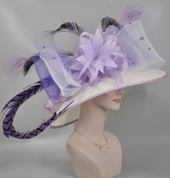 Wide Brim Sinamay Kentucky Derby Hat: Lavender Lilac Feather Flower
