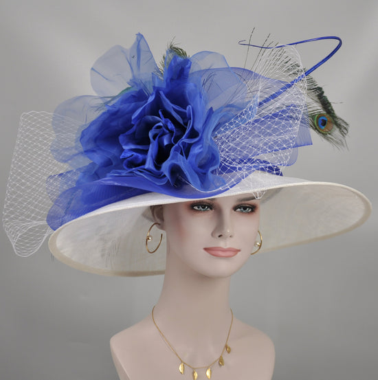 Wide Brim Sinamay Derby Hat: White, Royal Blue Silk Flower & Peacock Feathers