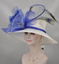 Wide Brim Sinamay Kentucky Derby Hat: White, Royal Blue Silk Flower & Peacock Feathers