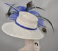 Wide Brim Sinamay Kentucky Derby Hat: White, Royal Blue Silk Flower & Peacock Feathers