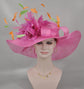 Hot Pink w Orange Green  Feather Flower Kentucky Derby Hat, Church Hat, Wedding Hat, Easter Hat, Tea Party Hat Wide Brim  Sinamay  Hat